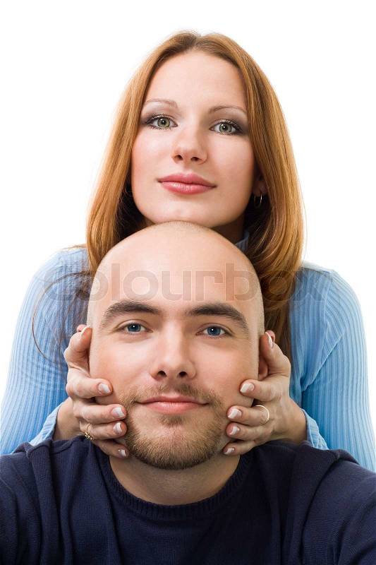<b>Paar, junge</b> positive Frau berühren Männer Bart und Blick in die Kamera, <b>...</b> - 3384037-couple-young-positive-woman-touching-men-s-beard-and-look-at-camera-isolated-on-white